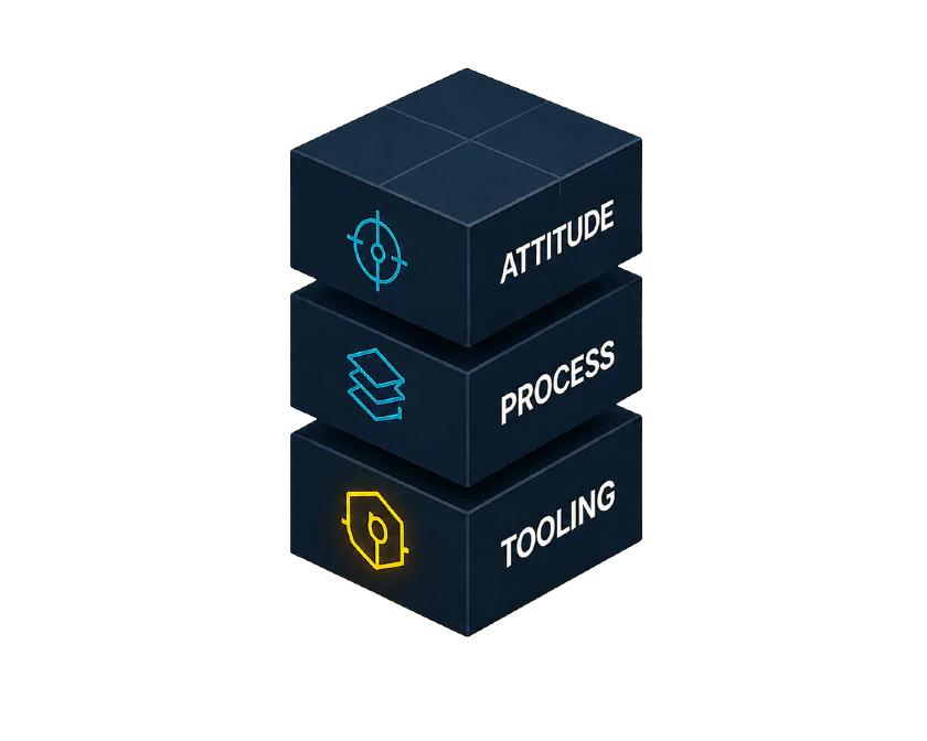 Three stacked cubes representing Attitude, Process, and Tooling